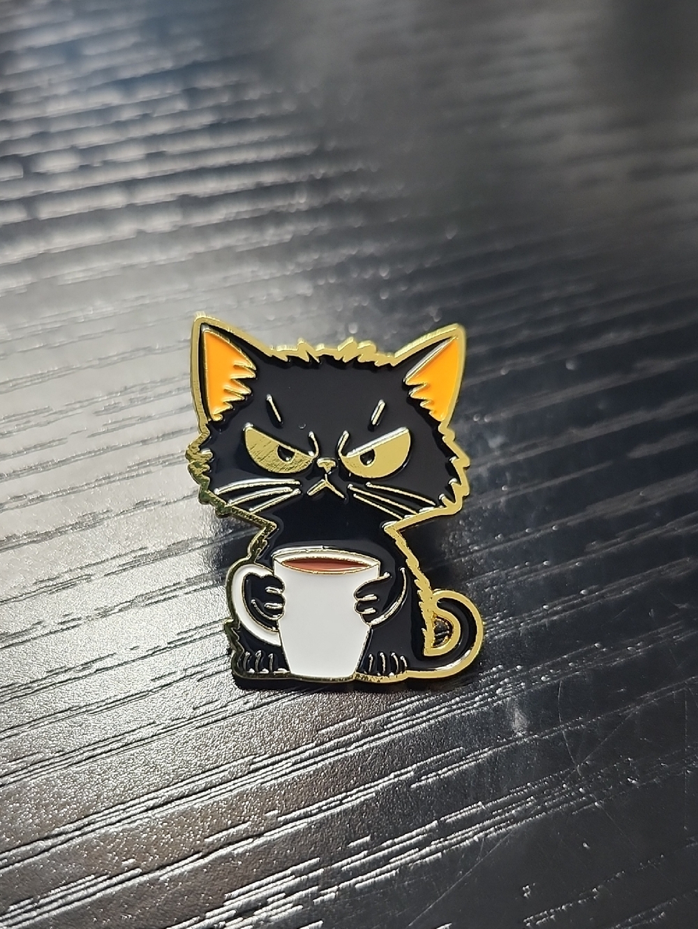 Black Grumpy Cat Enamel Pin - Cute Coffee Cat Accessory